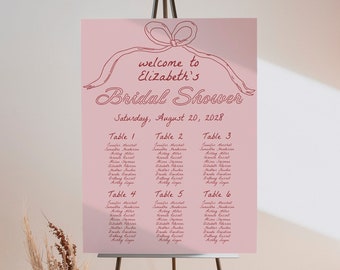 Pink Bow Bridal Shower Seating Chart Sign, Blush Ribbon Bow Bridal Shower Seating Chart Template, 4, 5 or 6 Tables, Small Wedding Sign #c97