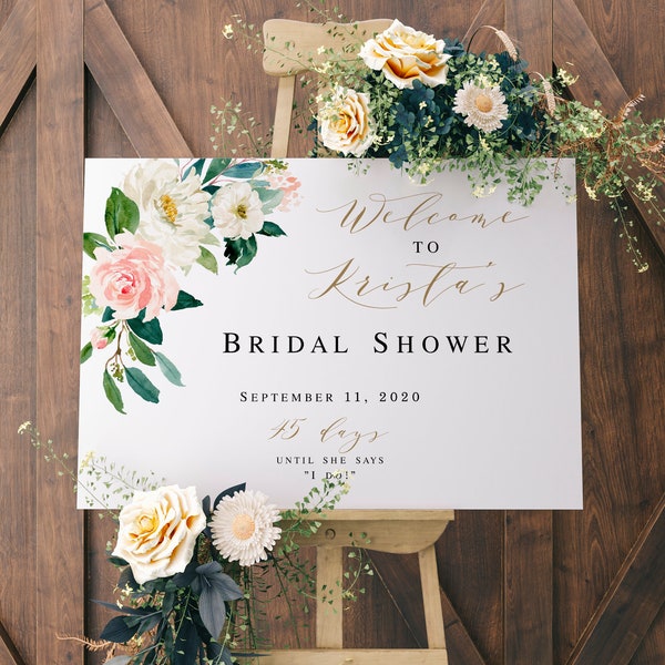 Plantilla de cartel de bienvenida para despedida de soltera. Imprimible. Texto 100% editable. Templett Ivory Flower Bridal Brunch. Cartel de bienvenida horizontal estilo boho #vmt323