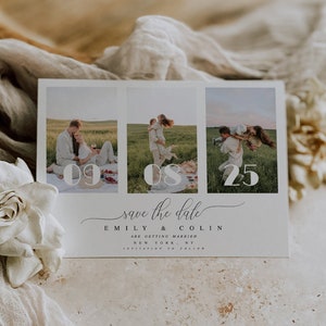 May include: Save the date card featuring three photographs of a couple in a field. The card reads "Save the date" with the couple's names, "Emily & Colin", and the date "09 08 25".