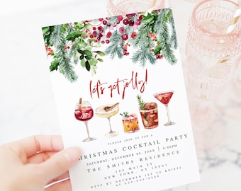 Lets Get Jolly Invitation Template, Edit With Templett, Holiday Cocktail Party, Christmas Cocktails, 100% Editable Text, Winter Berry #c72