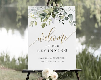 Welcome To Our Beginning Wedding Sign Template, Digital Download, Printable Board, Fully Editable, Templett, Greenery Gold, Bohemian #c61