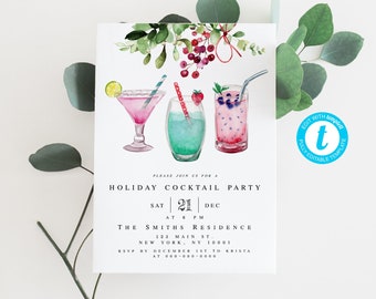 Holiday Cocktail Party Invitation Template, Digital Download, Downloadable, Christmas Cocktails, Editable Text, Self-Editing, Printable #c71