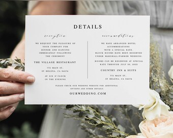 Wedding Details Card Printable 100% Editable Text Templett | Etsy