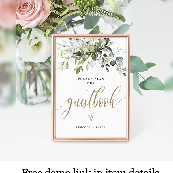 Greenery Please Sign Our Guestbook Sign Template, Downloadable, Guest Book Ideas, Names, Personalized, Custom, Leaves, Greenery Gold #c61