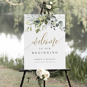 Welcome To Our Beginning Wedding Sign Template, Digital Download, Printable Board, Fully Editable, Templett, Greenery Gold, Bohemian #c61