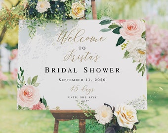 Welcome To Bridal Shower Sign Template, Brunch, Pastel Blush Wedding Countdown, Days Until She Says I Do, Hens Party Poster, Board #vmt423