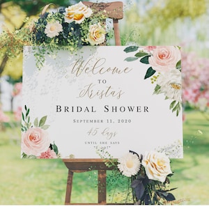 Welcome To Bridal Shower Sign Template, Brunch, Pastel Blush Wedding Countdown, Days Until She Says I Do, Hens Party Poster, Board #vmt423