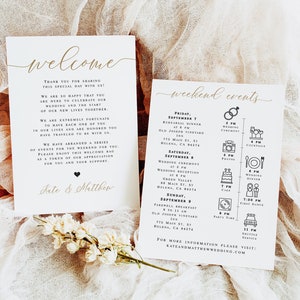 Sjabloon Welcome Hoteltassen, doe-routebeschrijving, brief, evenementenschema, afdrukbare agenda, tijdlijn gouden bruiloftsfeest, orde van de dag #vmt4211