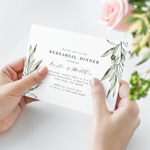 Invitación a la cena de ensayo con vegetación, descarga, texto 100 % editable, Templett, invitación de boda, fiesta en el jardín italiano, ramas de olivo #vmt3115