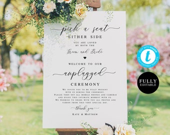 Modern Unplugged Wedding Sign Template, Pick A Seat Either Side, No Pictures Ceremony, No Photos Please, Fully Editable, Printable #vmt410