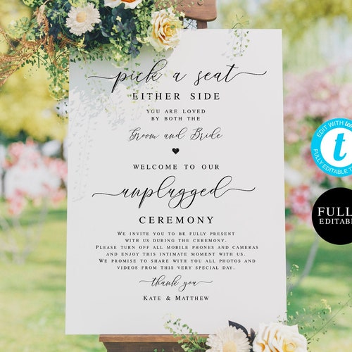 Gold Unplugged Ceremony Sign Template Pick A Seat Either | Etsy