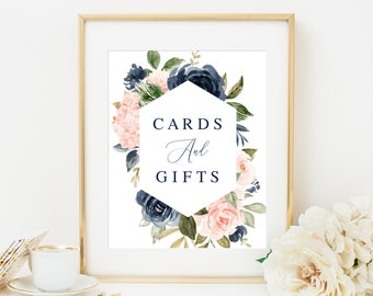 Templett Cards And Gifts Sign Template, Fully Editable, Wedding Table Decor, Typography, Blush Floral, Navy Blue Soft Pink Hydrangea #vmt31a