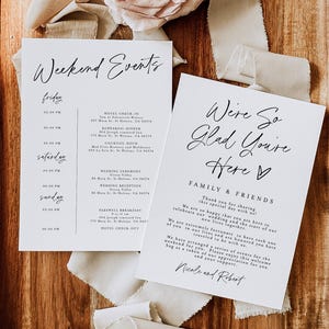 Carte d'événements de mariage, détails minimalistes d'événements de mariage, carte d'événements de week-end de mariage à téléchargement immédiat # f38