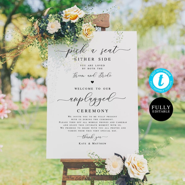 Modern Unplugged Wedding Sign Template, Pick A Seat Either Side, No Pictures Ceremony, No Photos Please, Fully Editable, Printable #vmt410