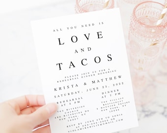 Minimalist Rehearsal Dinner Invitation Template, All You Need Is Love And Tacos Invite, Templett, Digital, DIY Personalized, Minimalism #f25