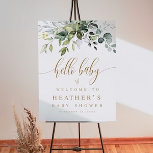 Greenery Gold Babyparty Willkommensschild Vorlage, Hello Baby, 100% bearbeitbarer Text, Templett, druckbares Poster, Junge, Mädchen, Geschlechtsneutral #c61