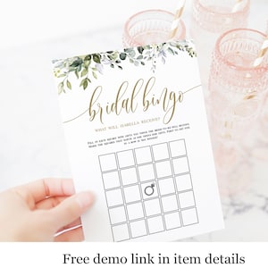 Plantilla de tarjeta de juego para despedida de soltera con temática de Greenery Gold, bingo para despedida de soltera, en blanco, descargable, editable con Templett, texto 100 % editable n.° c61