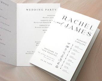 Foldable Wedding Program, Minimalist Wedding Program Template, Folded Program, Wedding Day Icon Timeline, Order of Service, Itinerary #f41