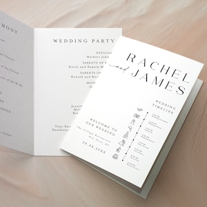 Foldable Wedding Program, Minimalist Wedding Program Template, Folded Program, Wedding Day Icon Timeline, Order of Service, Itinerary #f41