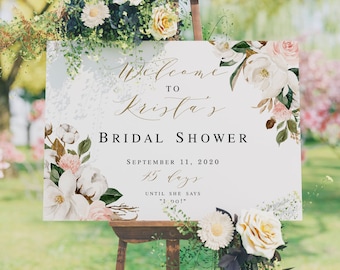 Spring Magnolia Bridal Shower Welcome Sign Template, Floral Wedding Countdown, Days Until She Says I Do, Board, Reception Poster #vmt3222