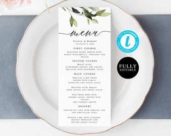 Leaves Wedding Menu Template, Printable, Try before you buy, Templett, 100% Editable, Instant Download, DIY Card, pdf jpg, Tuscany #vmt43