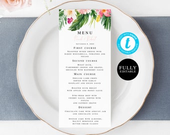 Wedding Table Menu Template, Fully Editable, Printable, Templett, Personalized, Instant download, pdf or jpg, Tropical Floral, Luau #vmt34