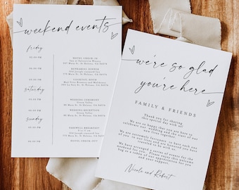 Plantilla de itinerario de boda, tarjeta de itinerario de fin de semana de boda de descarga instantánea, carta de bienvenida, orden de eventos, cronograma de boda #f37
