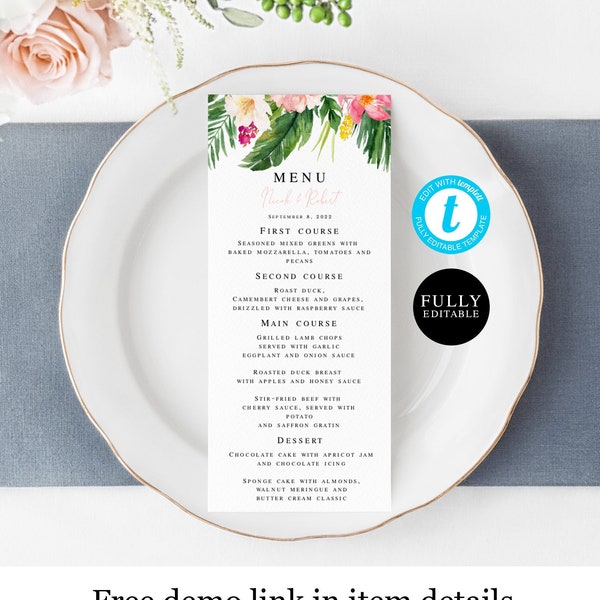 Wedding Table Menu Template, Fully Editable, Printable, Templett, Personalized, Instant download, pdf or jpg, Tropical Floral, Luau #vmt34