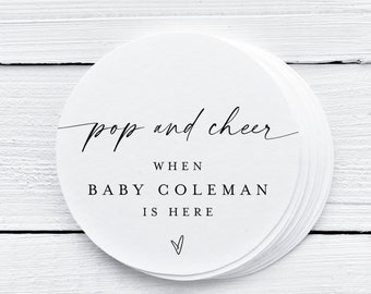 Pop And Cheer When Baby Is Here, Round Mini Champagne Favor Tags, Pop And Cheer Baby Shower Tag Editable, Printable, Edit With Templett #f37