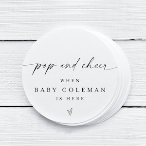 Pop And Cheer When Baby Is Here, Round Mini Champagne Favor Tags, Pop And Cheer Baby Shower Tag Editable, Printable, Edit With Templett #f37