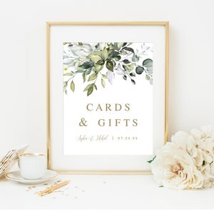 Modèle de cartes et cadeaux verdure or, enseigne entièrement modifiable, Templett, décoration de mariage, personnalisé, moderne, eucalyptus, bohème, bohème #c61