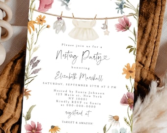 Nesting Party Invitations, Girl Clothesline Baby Invitation, Wildflower Baby Shower Invite #c82