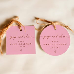 Pop And Cheer When Baby Is Here, Round Mini Champagne Favor Tags, Pop And Cheer Baby Shower Tag Editable, Printable, Edit With Templett #f37