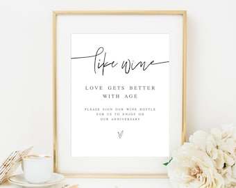 Like Wine Love Gets Better With Age Sign Template, Printable, Please Sign Our Wine Bottle, Templett, Guest Book Ideas, DIY Personalized #f24