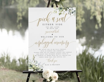 Unplugged Ceremony Sign Template, Pick A Seat Either Side, No Pictures, No Photos Please, Wedding Welcome, Fully Editable, Greenery  #c61