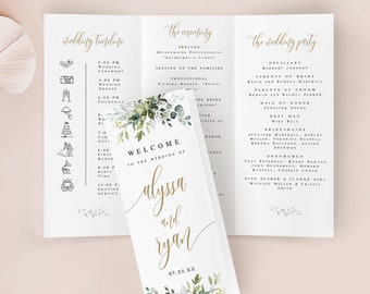 Trifold bruiloft programmasjabloon, gevouwen bruiloft ceremonie programma, order of service sjabloon, groen goud gevouwen bruiloft programma #c61