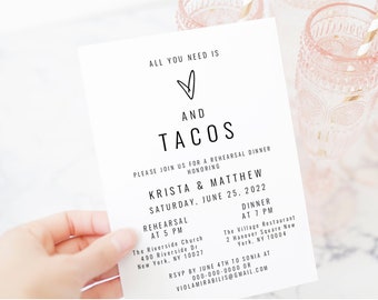 Heart Rehearsal Dinner Invite Template, All You Need Is Love And Tacos Invitation, Templett, Personalized, Digital Download, Unique DIY #f26