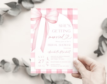 Shes Getting Married Invitation, Bridal Shower Invite, Blush Pink Bow Gingham Bachelorette Party Invitation, Shes Getting Married Card #b14d
