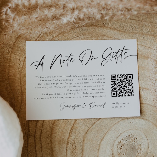 A Note On Gifts Card, Honeymoon Fund Card With QR Code, Honeyfund Card, Monetary Gifts, Financial Gifts, A Note On Gifts Birthday Card #f38