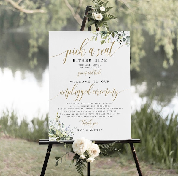 Unplugged Ceremony Sign Template, Pick A Seat Either Side, No Pictures, No Photos Please, Wedding Welcome, Fully Editable, Greenery  #c61