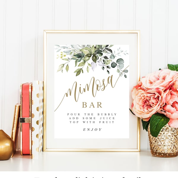 Greenery Gold Mimosa Bar Sign Template, Bridal Brunch, Shower, Bachelorette Party Edit, Edit With Templett, Custom, Self-Editing, Boho #c61
