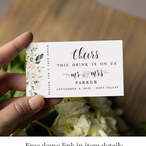 Ficha de bebida imprimible para boda, plantilla de ticket de bebida, cupón de bebida, barra libre, descarga instantánea, Templett, flores blancas, estilo boho #vmt1116
