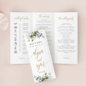 Trifold Wedding Program Template, Tri Fold Wedding Ceremony Program, Order Of Service Template, Greenery Gold Tri-fold Wedding Program #c61