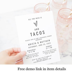 Heart Rehearsal Dinner Invite Template, All You Need Is Love And Tacos Invitation, Templett, Personalized, Digital Download, Unique DIY #f26