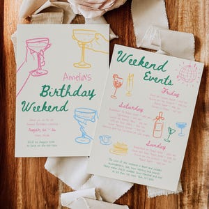 May include: Two white cards with colorful illustrations and text. One card reads "Amelia's Birthday Weekend" with event details. The other card lists "Weekend Events" with a schedule. The cards feature drawings of cocktails and a disco ball.