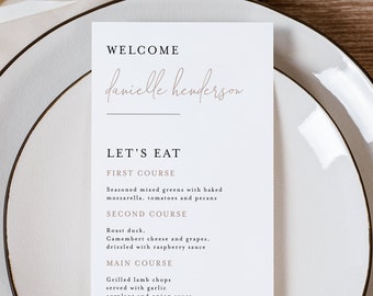 Menu with Guest Name, Minimalist Wedding Menu Template, Menu Name Card, Wedding Menu Place Card, Wedding Rehearsal Dinner Menu Card #vmt710