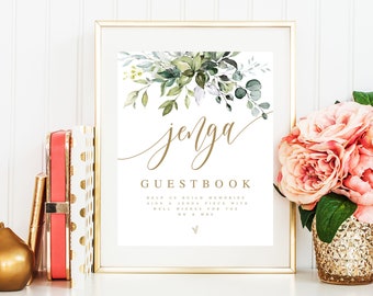 Please Sign Our Guestbook Sign Template, Jenga Guest Book Sign, Jenga Game Sign, Building Memories, Personalized, Leaves, Greenery Gold #c61