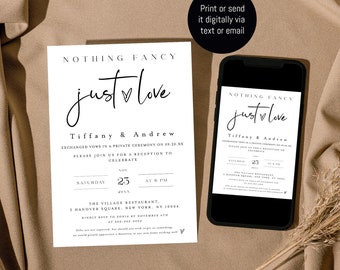 May include: A wedding invitation with a minimalist design. The invitation is white with black text and a small heart symbol. The text reads "Nothing Fancy, Just Love, Tiffany & Andrew". The invitation includes the date, time, and location of the wedding reception. The invitation is displayed on a brown surface with a phone mockup showing a digital version of the invitation.