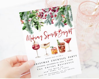 Holiday Cocktail Party Invitation Template, Digital Download Invite, Making Spirits Bright, Printable, Custom, Templett, Christmas DIY #c67