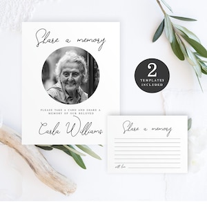 Modelos de Placas e Cartões "Compartilhe uma Memória", Edite com Templett, Ideias para Cerimônias Memorial, Celebração da Vida, Homens, Mulheres, Faça Você Mesmo 100% Editável #f19